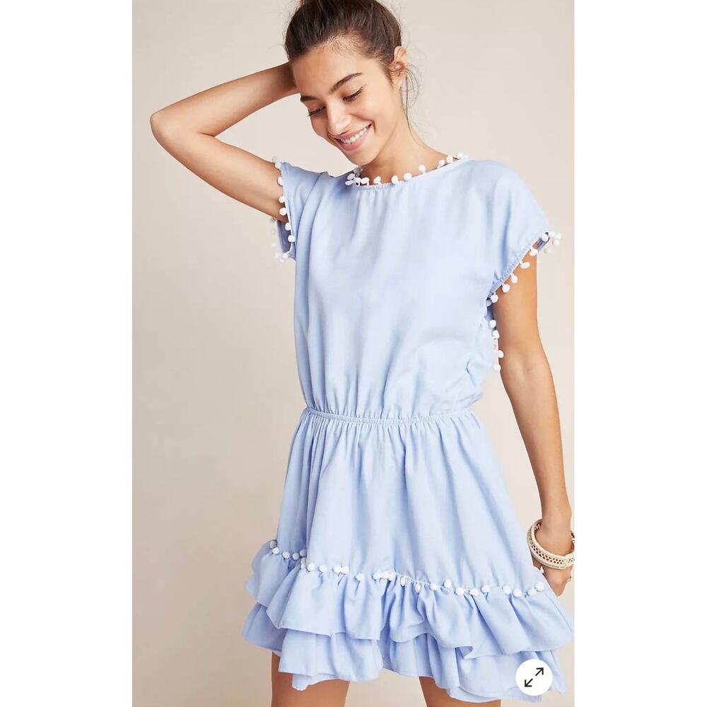 Peixoto Medium Nissi Pompom Mini Shift Dress Light Blue Cotton Blend Cut Out
